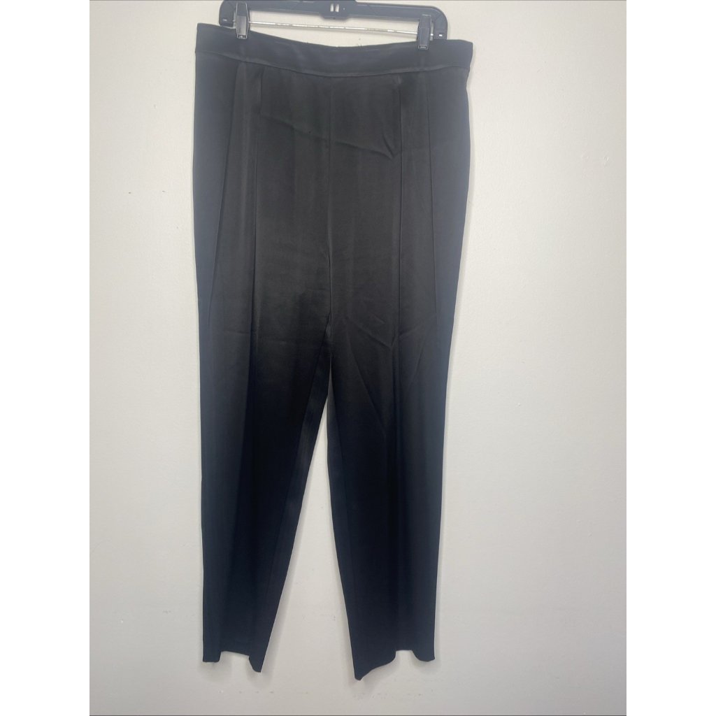 St. John Evening Satin Silky Black Pants Size 12 Wide Leg Pleated Side Zip Dress